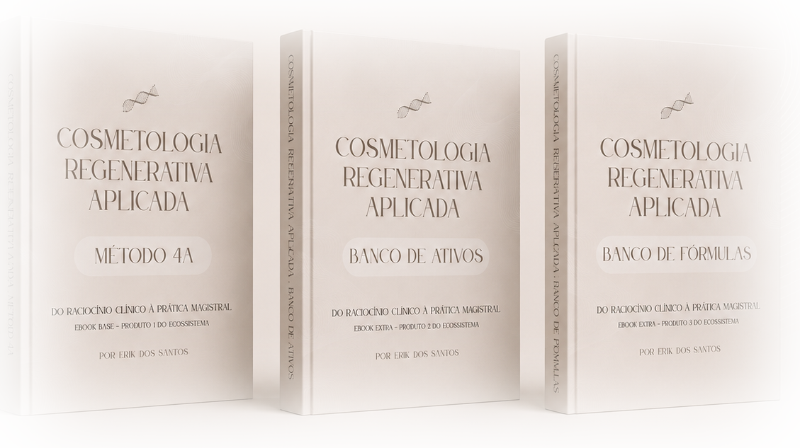 Os três e-books do ecossistema Cosmetologia Regenerativa Aplicada: Método 4A, Banco de Ativos e Banco de Fórmulas